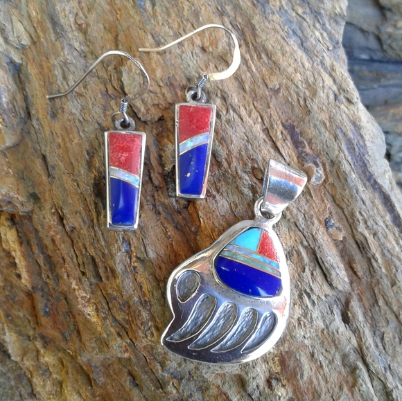 Sterling Silver Multi Inlay Bear Claw Pendant SET - Picture 2 of 6